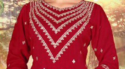Red palazzo suit embroidery detail close-up