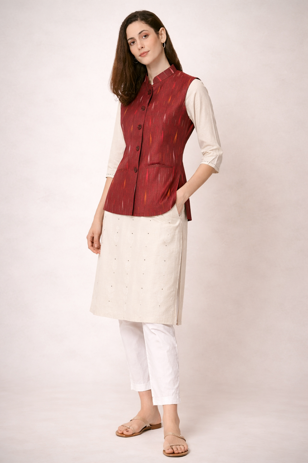 maroon nehru jacket front view on model