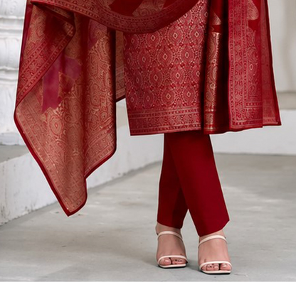 Full length view of red kameez pant suit with matching dupatta