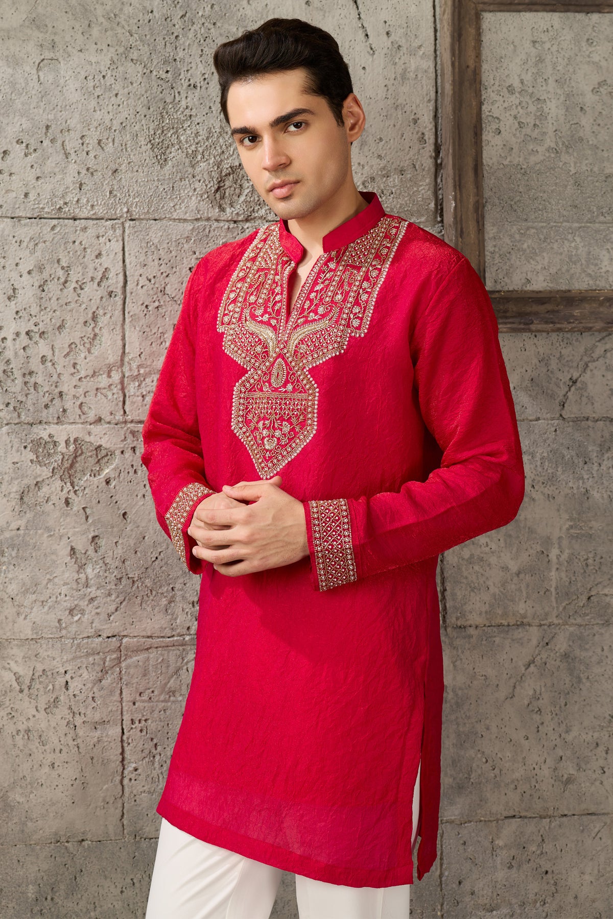 Red traditional kurta for men full view