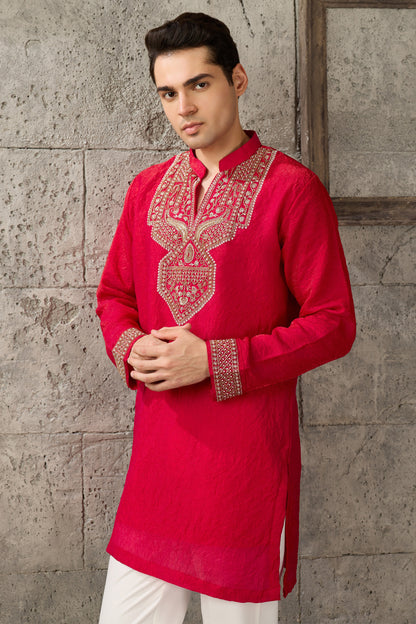 Red traditional kurta for men full view