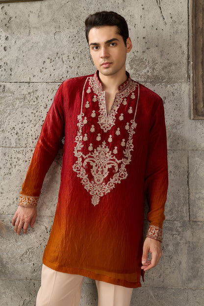Red Pajama Kurta Pajama In Crush Tissue Fabric