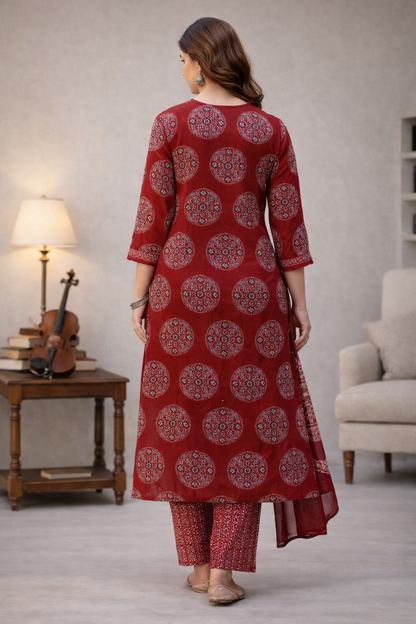 Back view of maroon kurta set for women in pure cotton