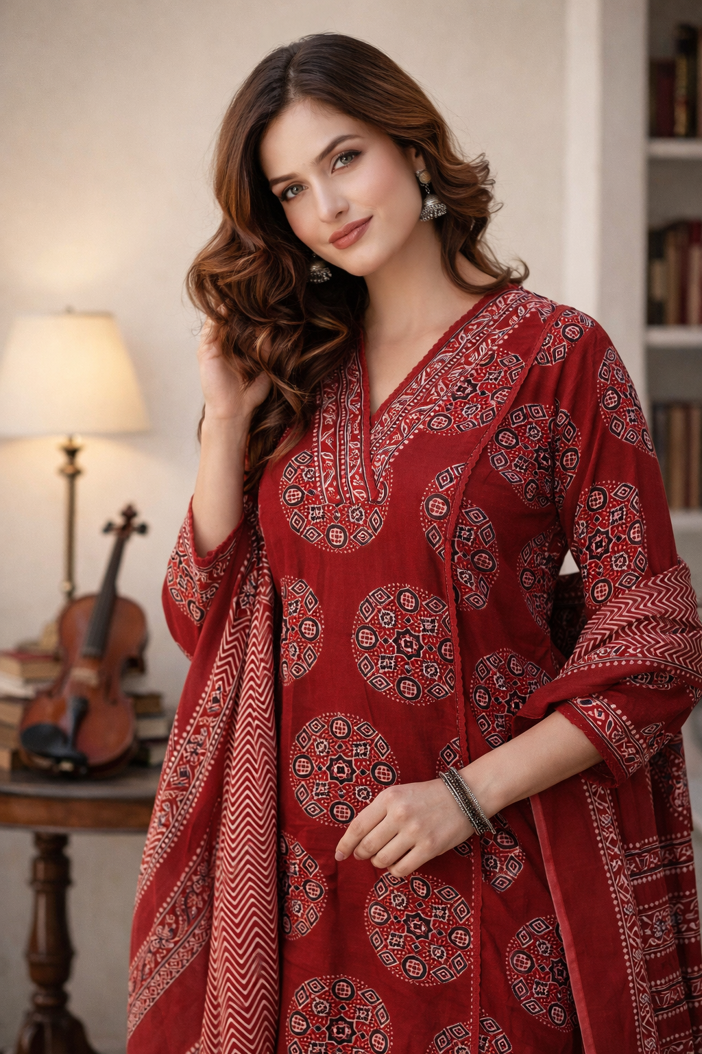 Close-up of cotton fabric print on maroon kurta