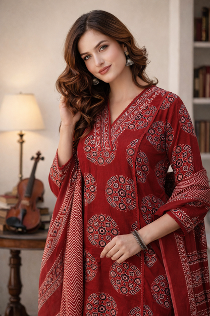 Close-up of cotton fabric print on maroon kurta