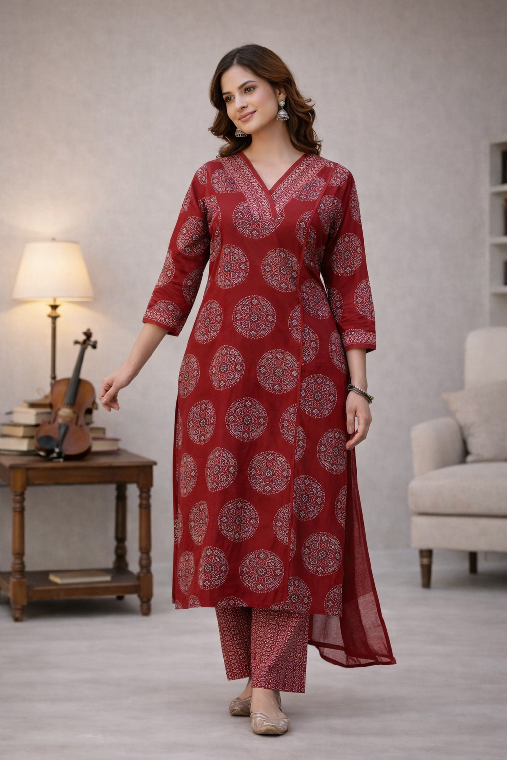 Designer indian kurta maroon printed cotton full set front view