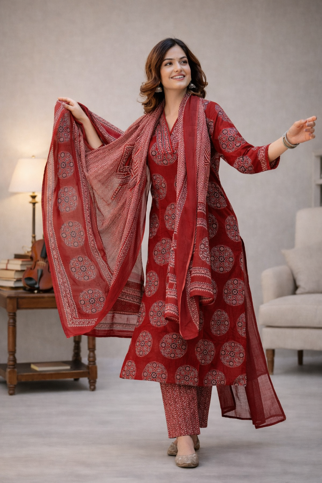Woman in a red patterned outfit with a scarf in a room setting