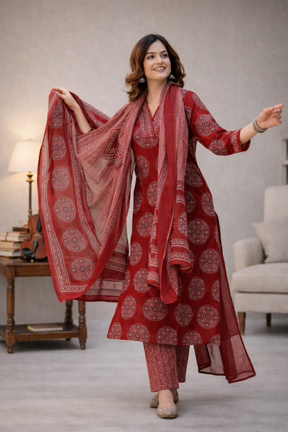Woman in a red patterned outfit with a scarf in a room setting