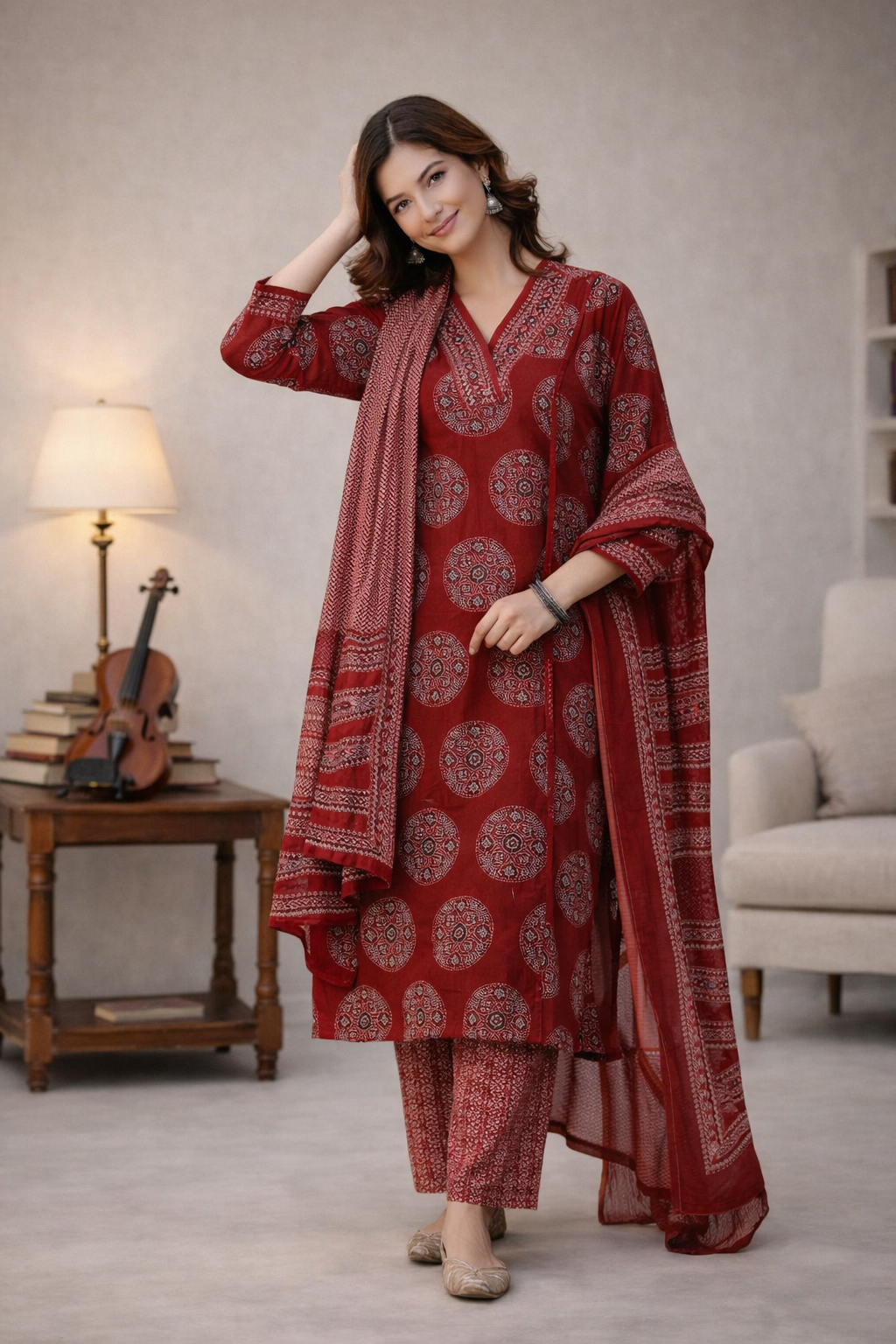 Designer Indian Kurta in Maroon Cotton Printed Style