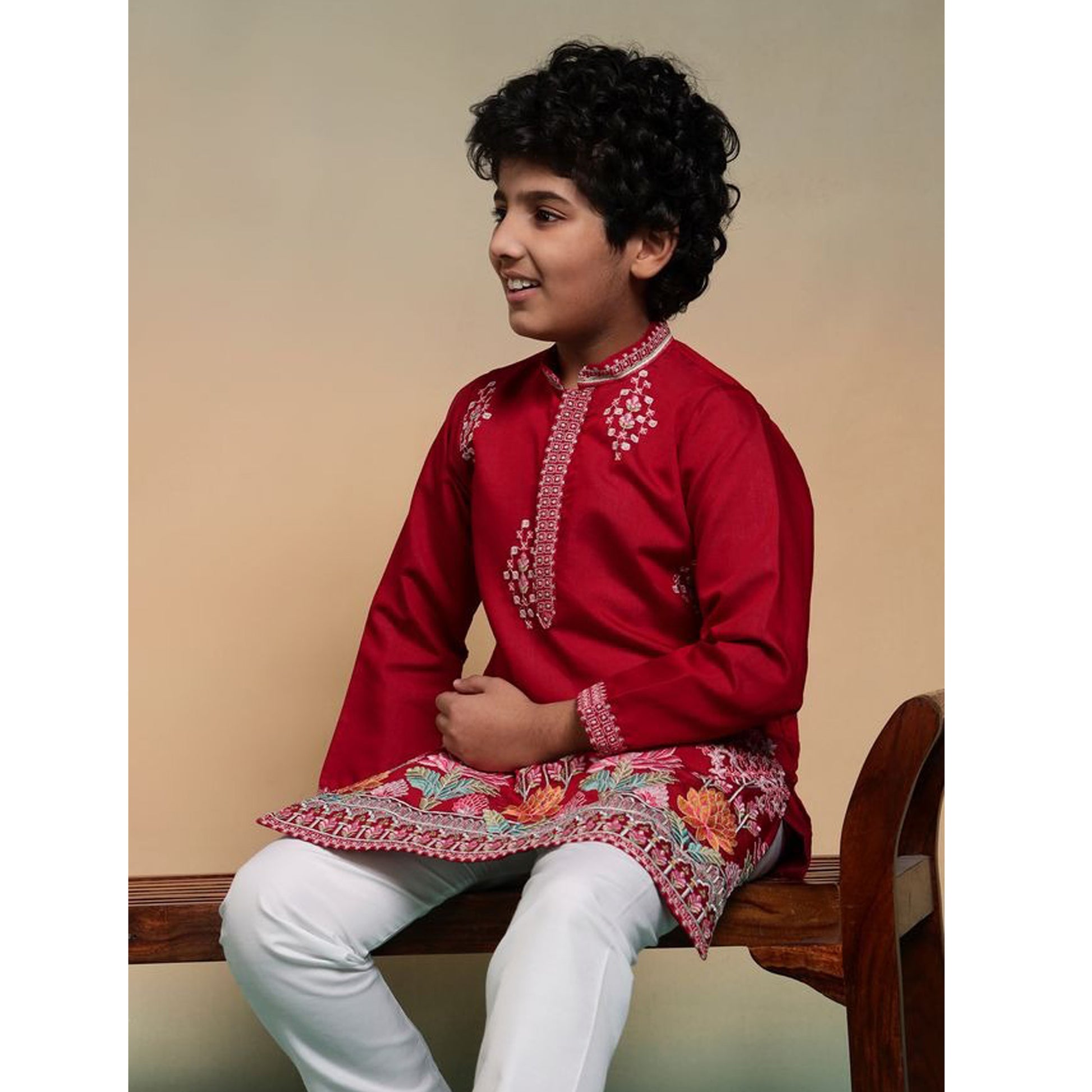 Red kurta pant set suitable for wedding guest attire