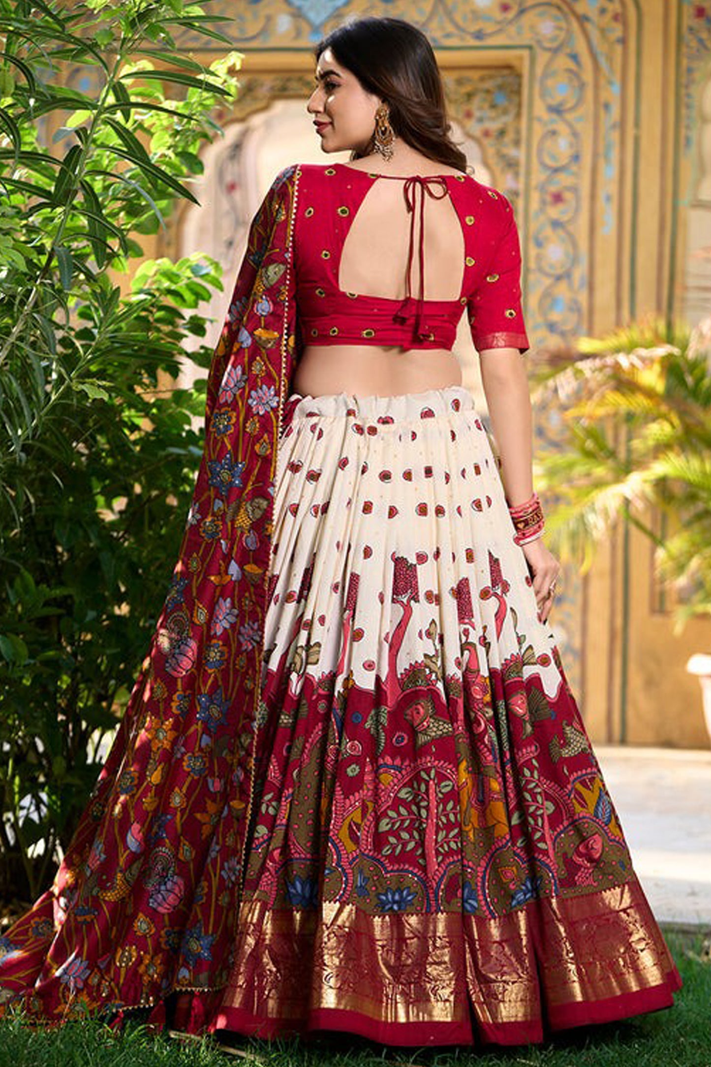 Full back view showing lehenga choli silhouette