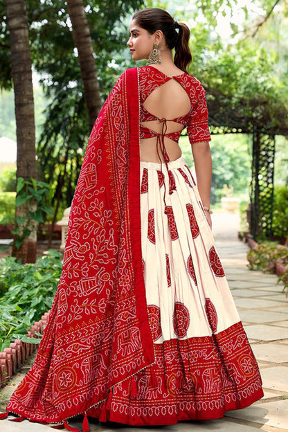 Back view of lehenga choli in red with soft silk texture