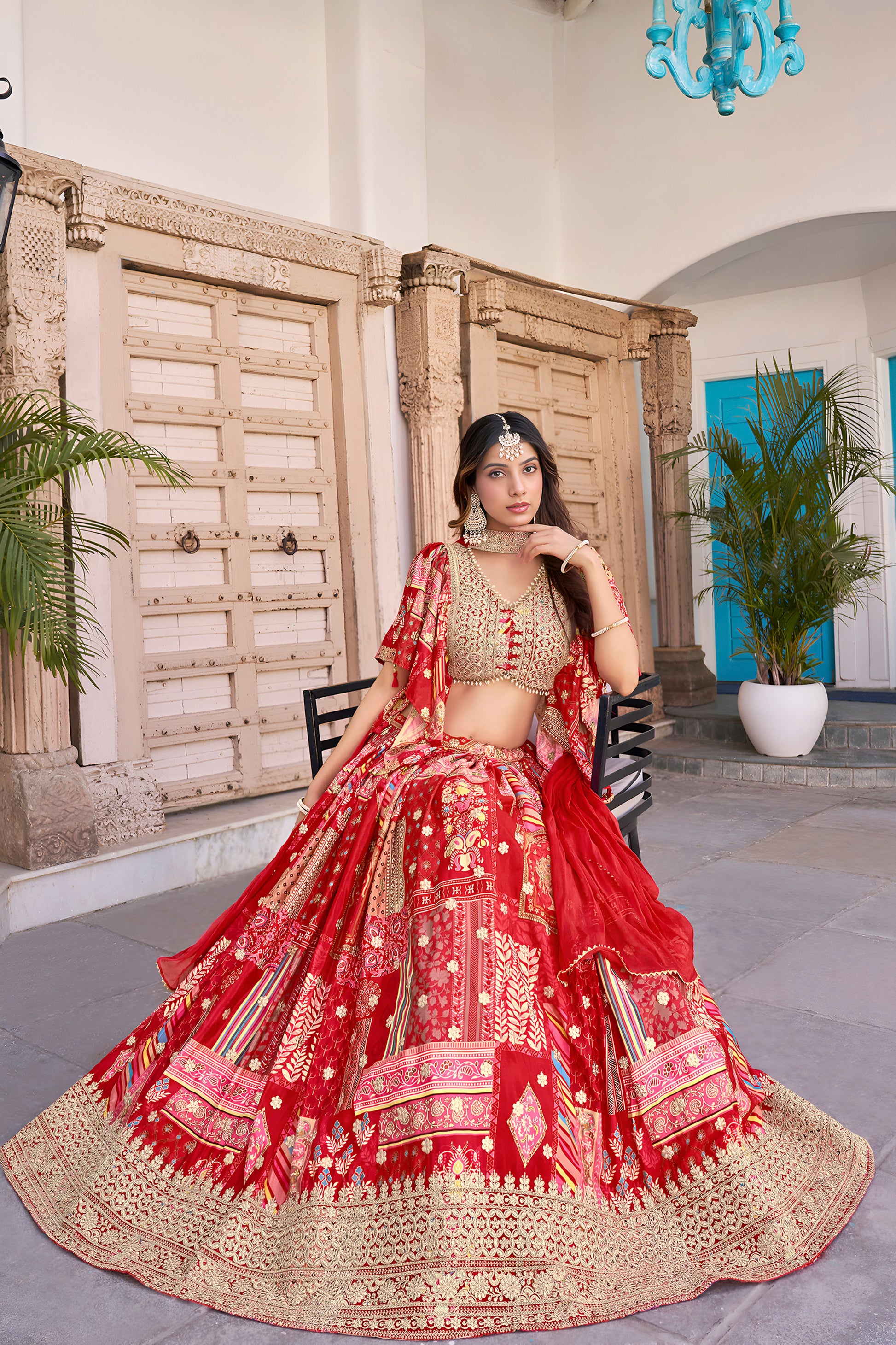 lehenga choli pattern in red Chinnon Silk fabric