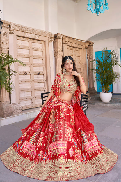 lehenga choli pattern in red Chinnon Silk fabric