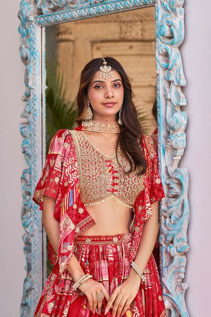 red lehenga choli dizain soft drape detail