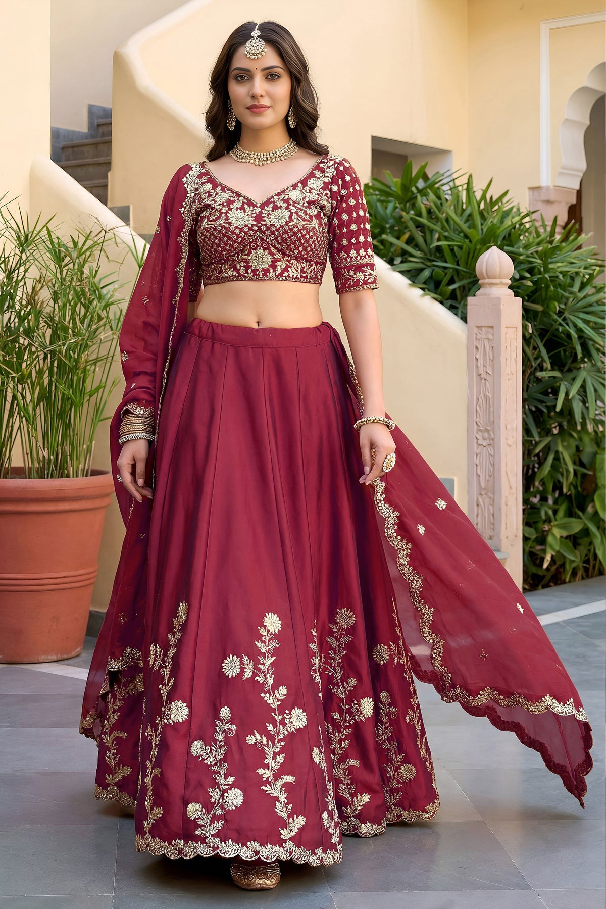 Red silk lehenga choli arranged for festive wear