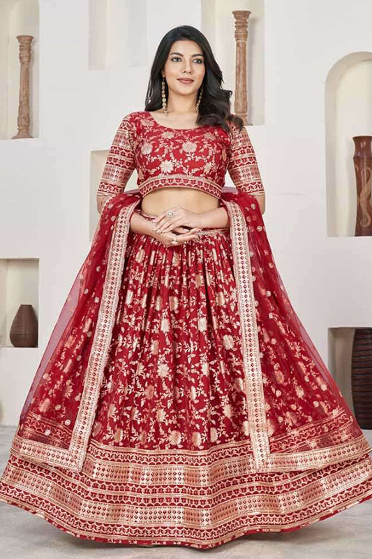 Red lehenga choli full front view with sequins detailing