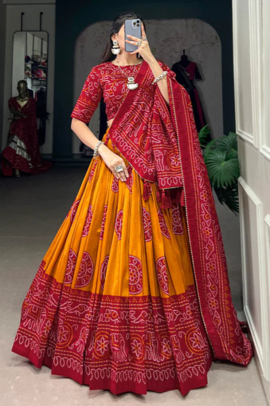 Red lehenga choli full front view with digital print detailing