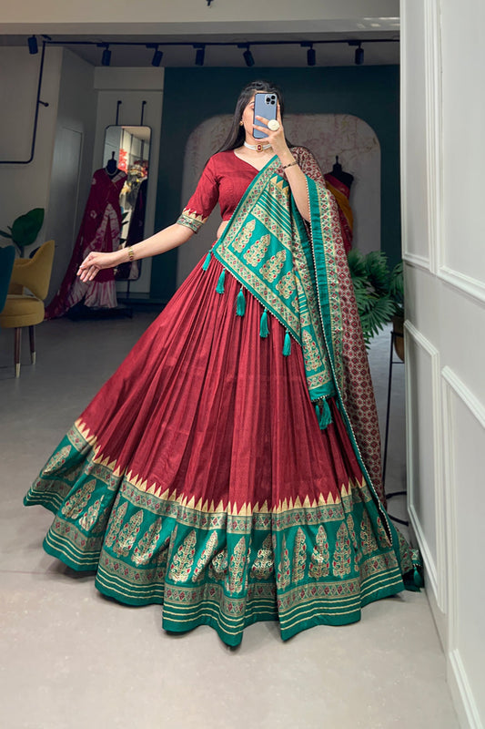 red lehenga choli front full view with zari detailing