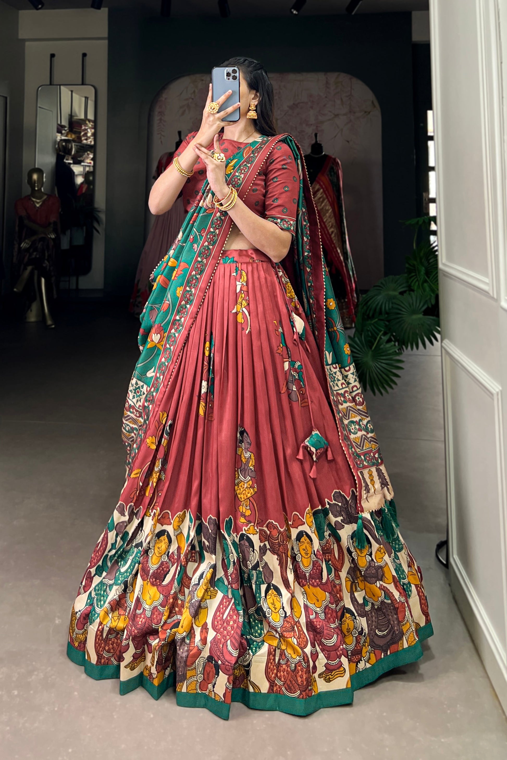 Red lehenga choli front view with Kalamkari foil work