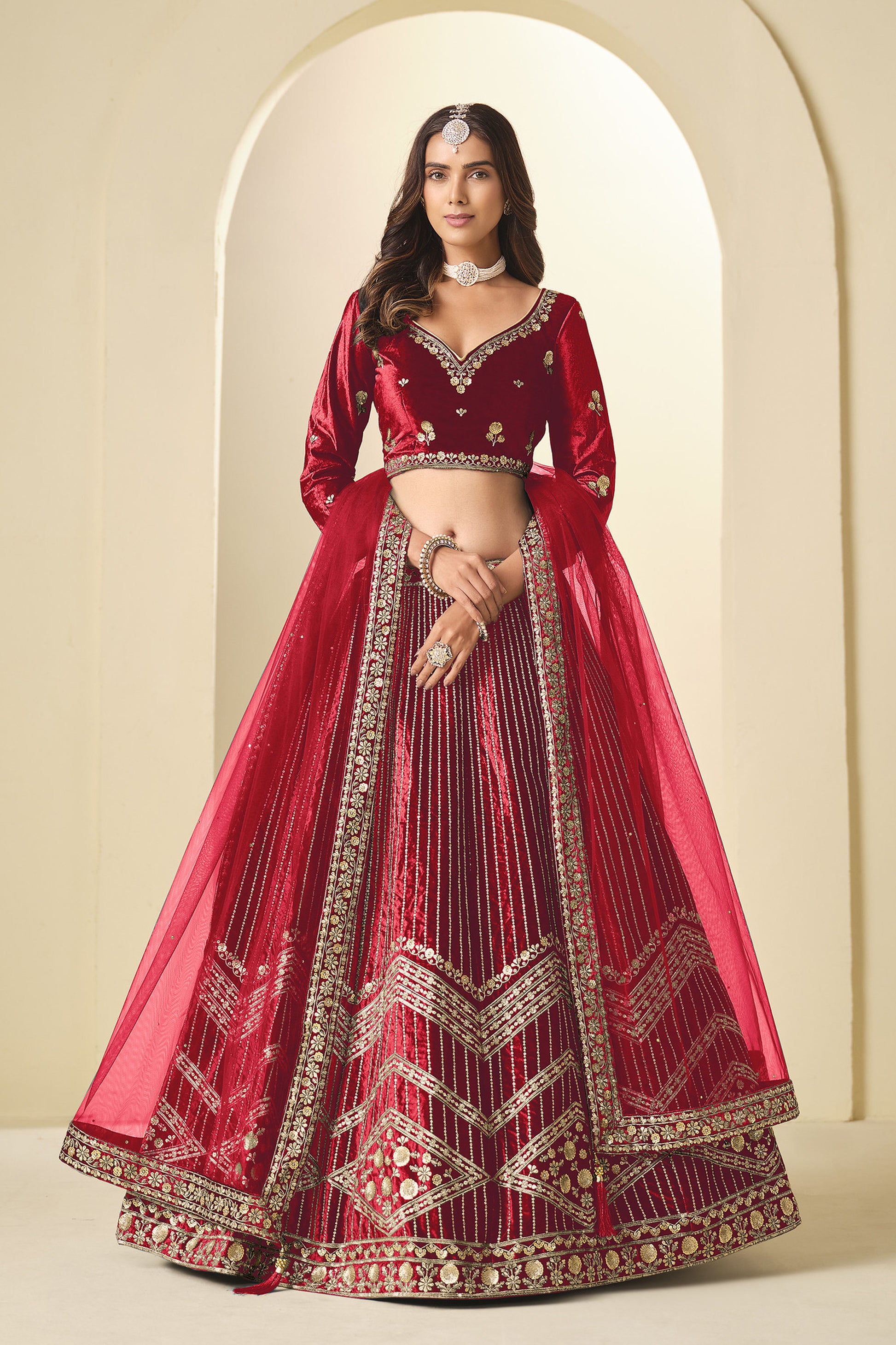 Red Lehenga Choli styled for Navratri celebration evenings