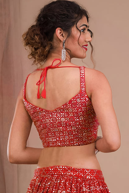 Red georgette lehenga set with reflective embroidery finish