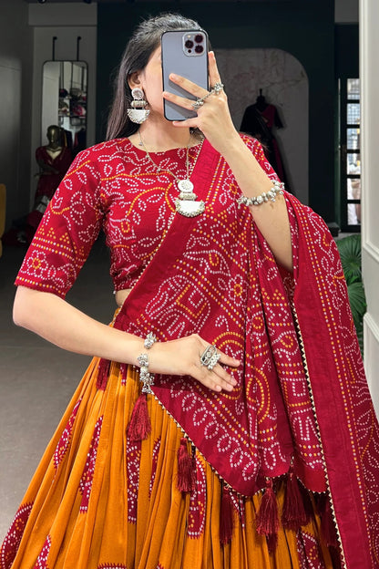 Tussar silk red lehenga choli fabric texture close-up