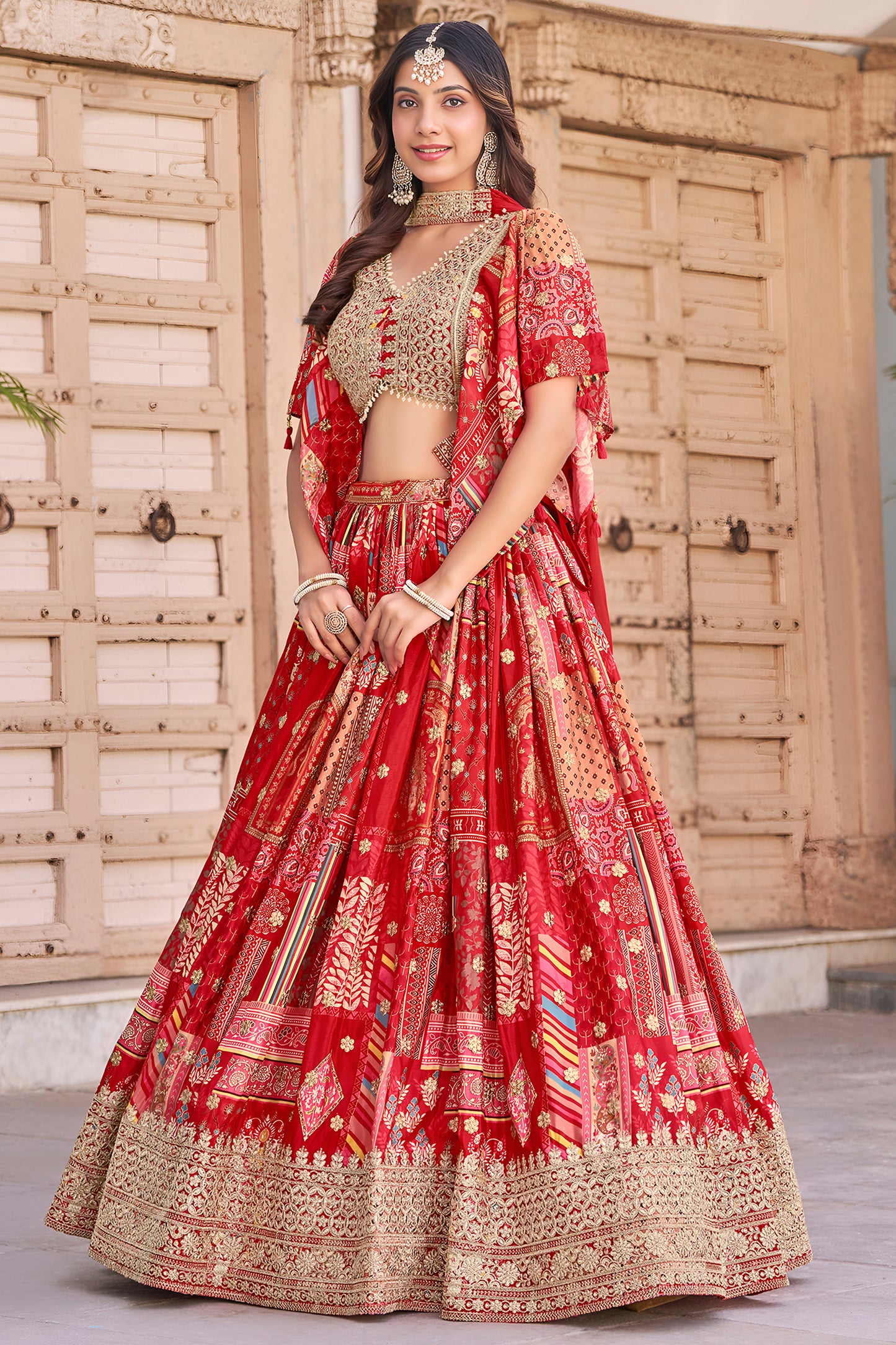 lightweight red lehenga choli in Chinnon Silk
