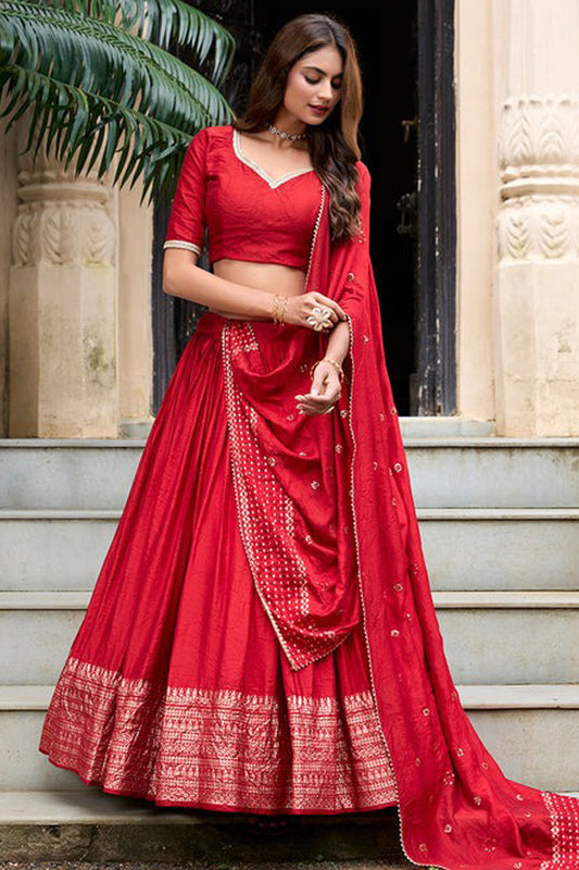 Red lehenga front view with zari weaving work
