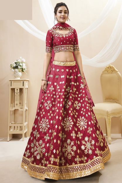 red lehenga full front view with sequins work