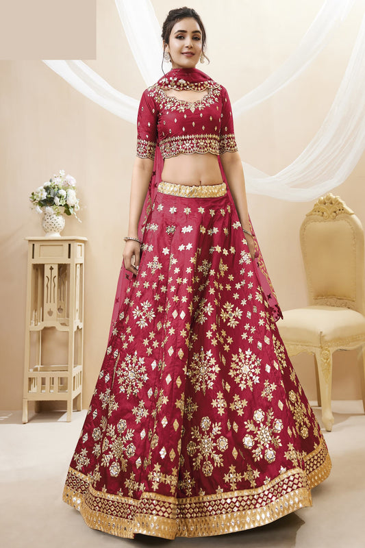 red lehenga full front view with sequins work