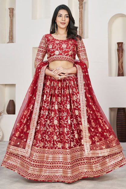 red lehenga front view with embroidery detailing