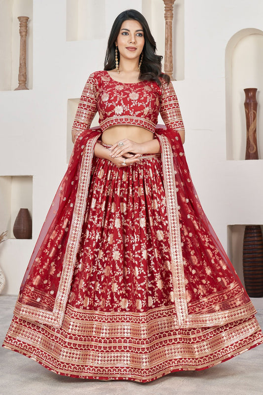 red lehenga front view with embroidery detailing