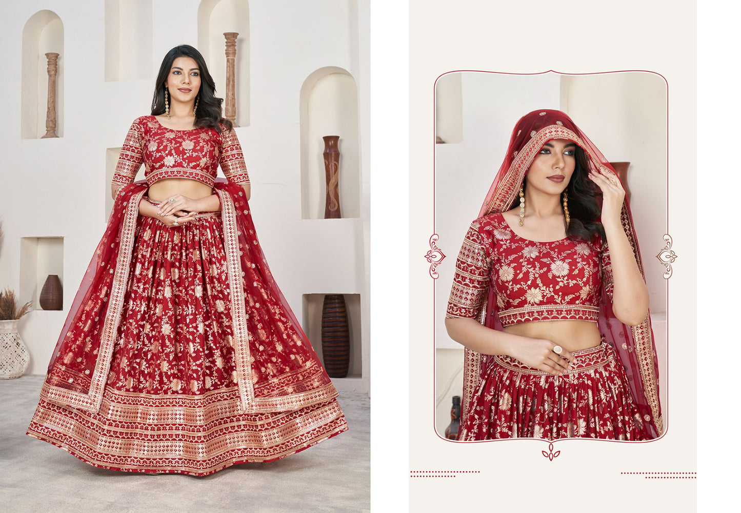 bridal lehenga red colour styled for evening celebration