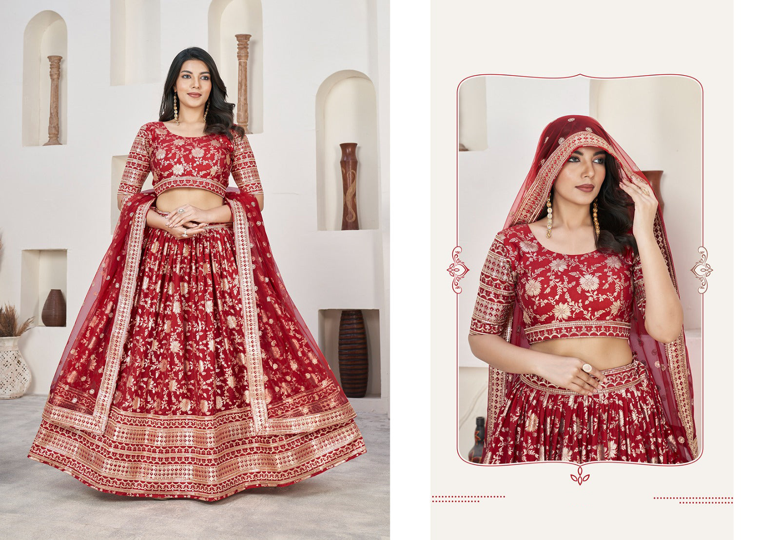 bridal lehenga red colour styled for evening celebration