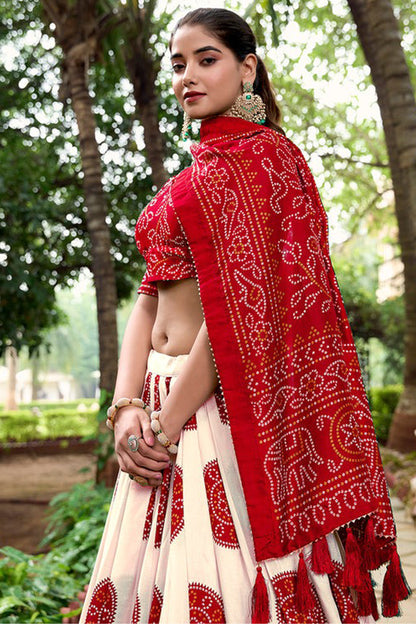 Side angle of red bridal lehenga with printed design