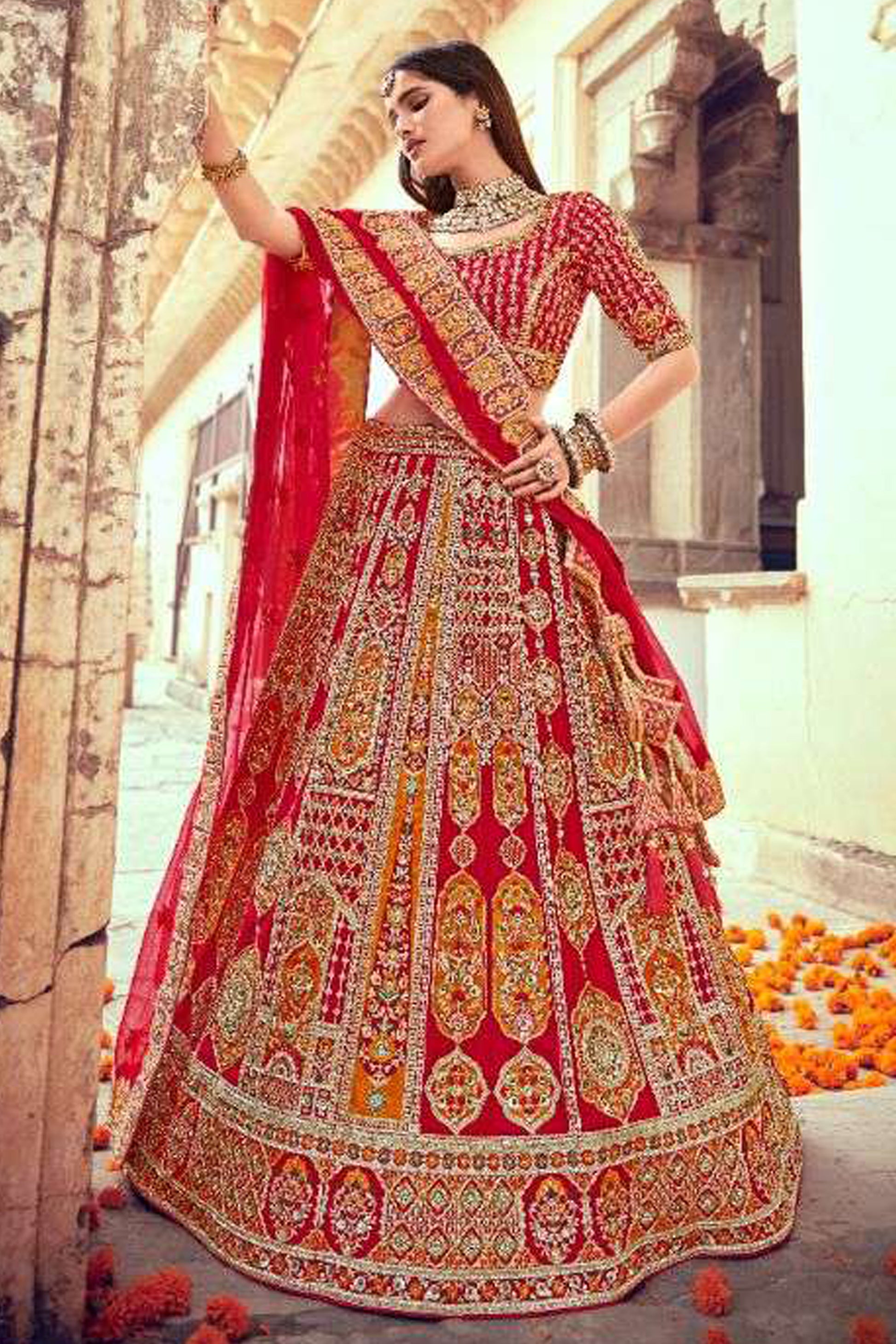 Front and side layered view of red lehenga for wedding