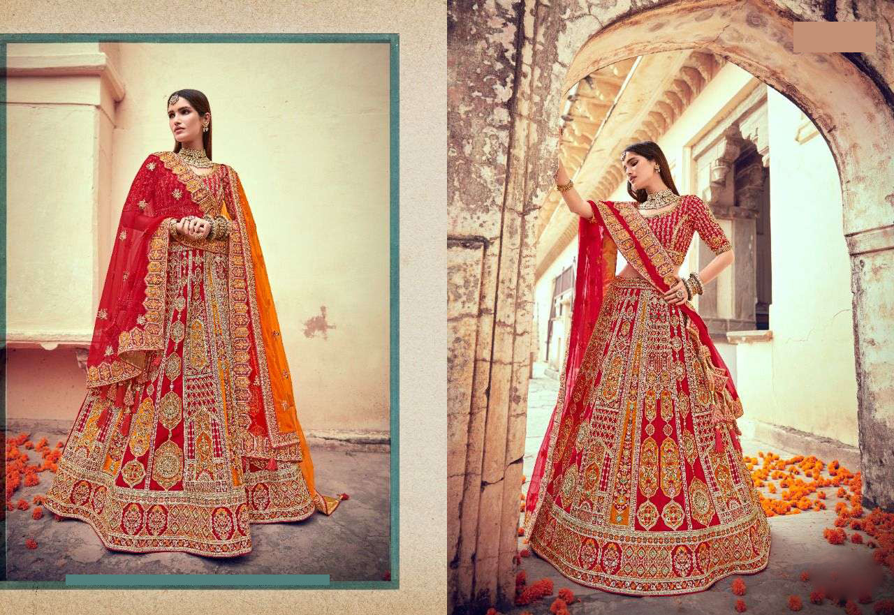 Red lehenga online display with festive lighting