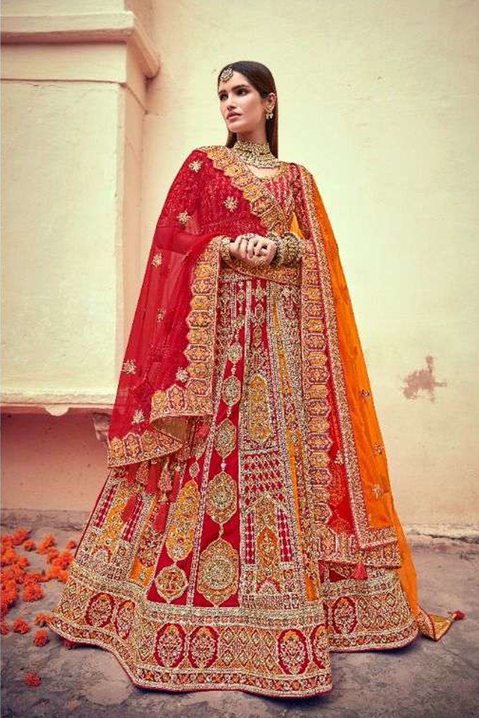 Red lehenga full front view for wedding