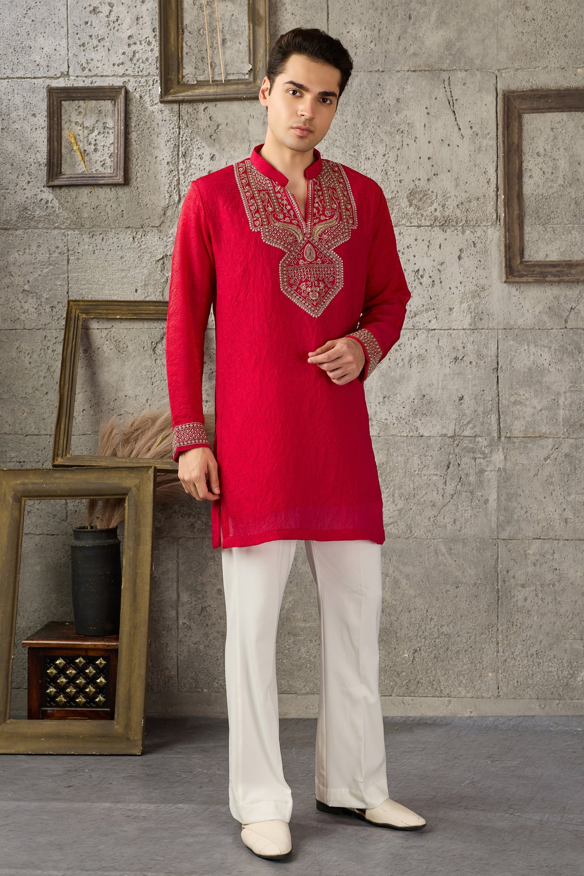 Red kurta pajama suit detail view