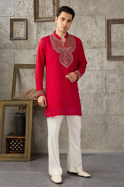 Red kurta pajama suit detail view