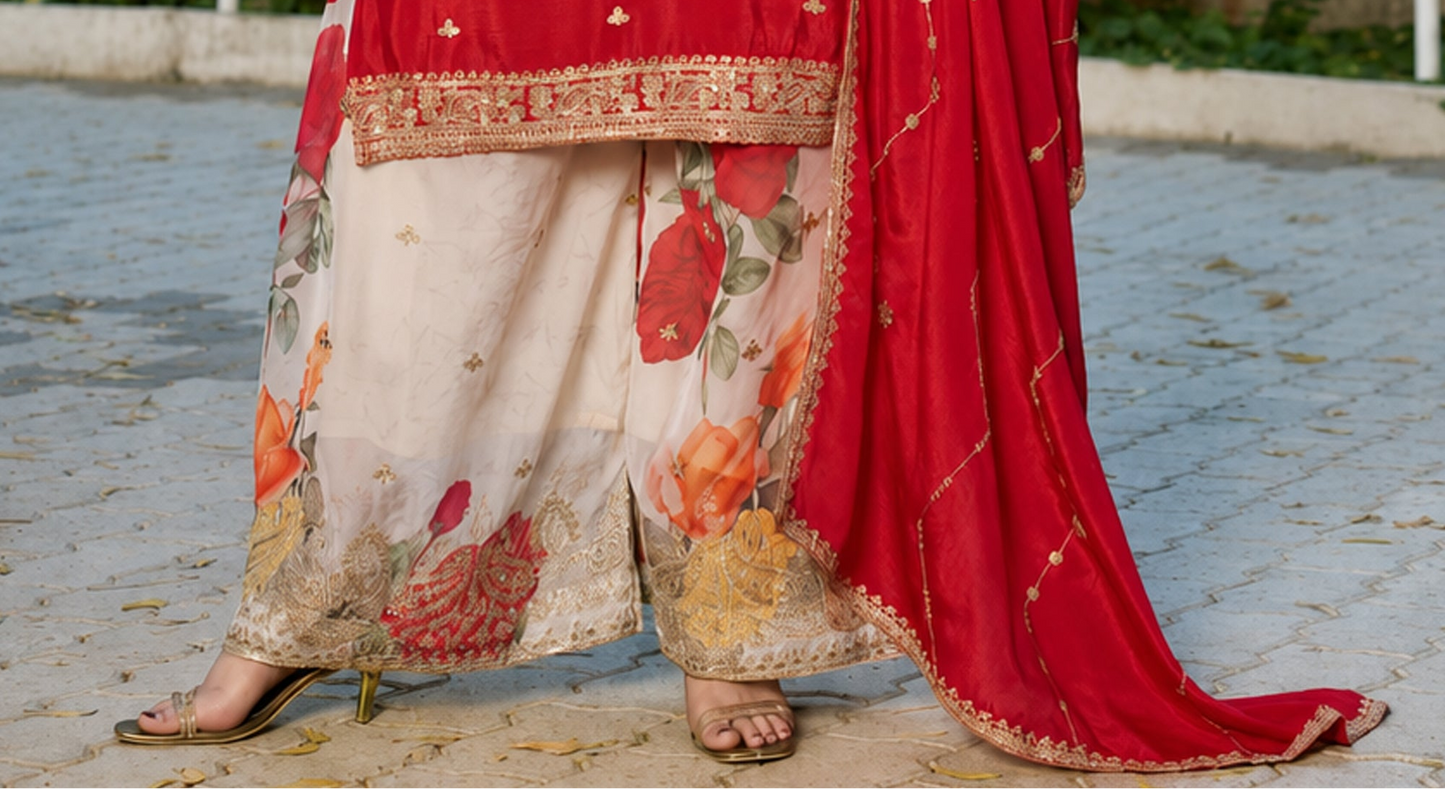 Red Palazzo Suit styled for reception party wear