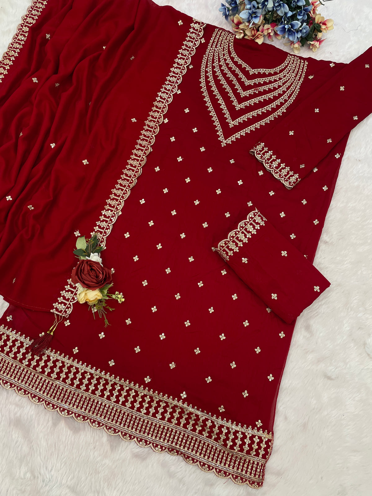 Red party wear salwar suit with embroidered top and palazzo bottom