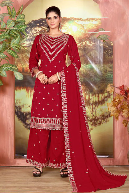 Red salwar kameez palazzo set front view with embroidered top and dupatta