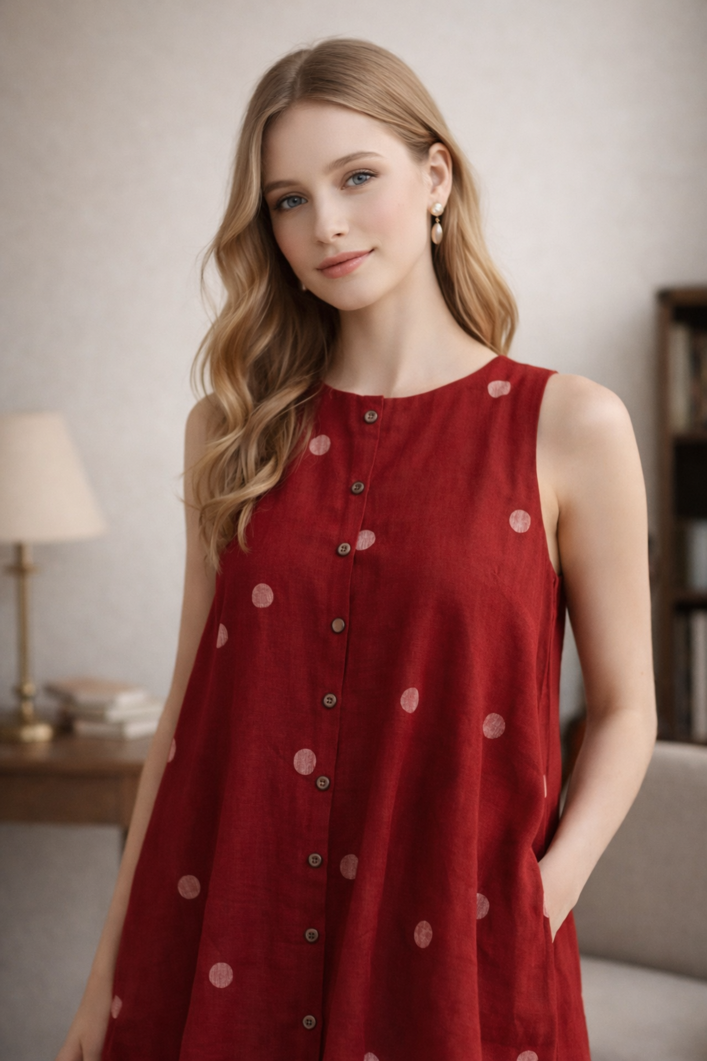 close up of printed rayon kurti fabric detail in red