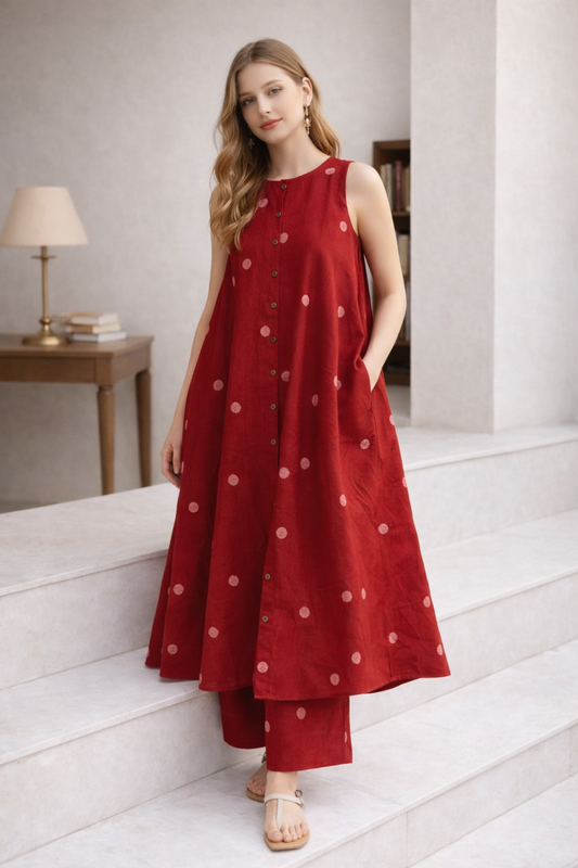 red kurti set for women front view with printed rayon fabric