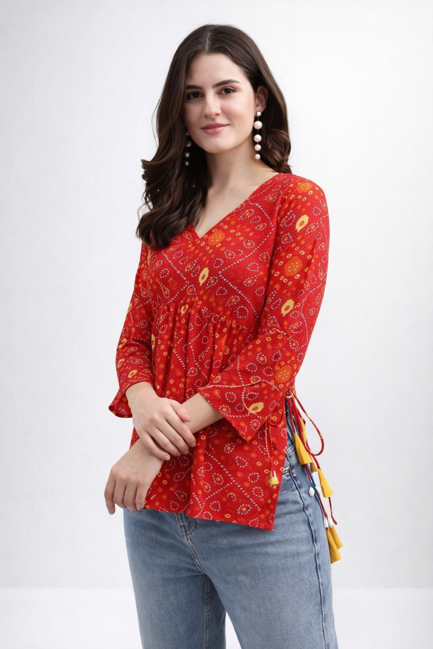 red a-line kurti front view with Bandhani print detail