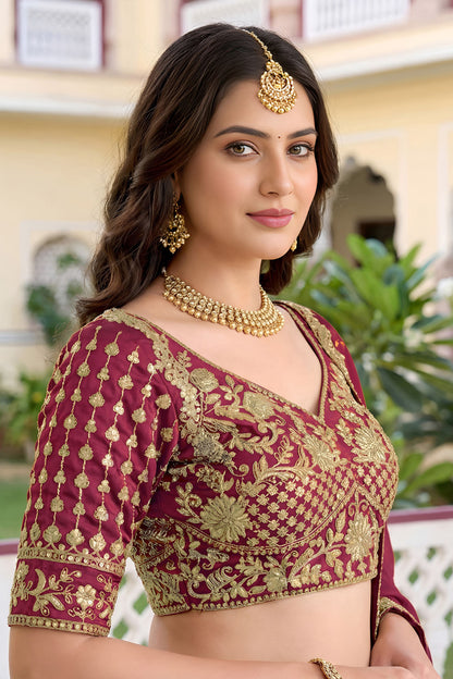 Red Rangoli silk lehenga choli full outfit view