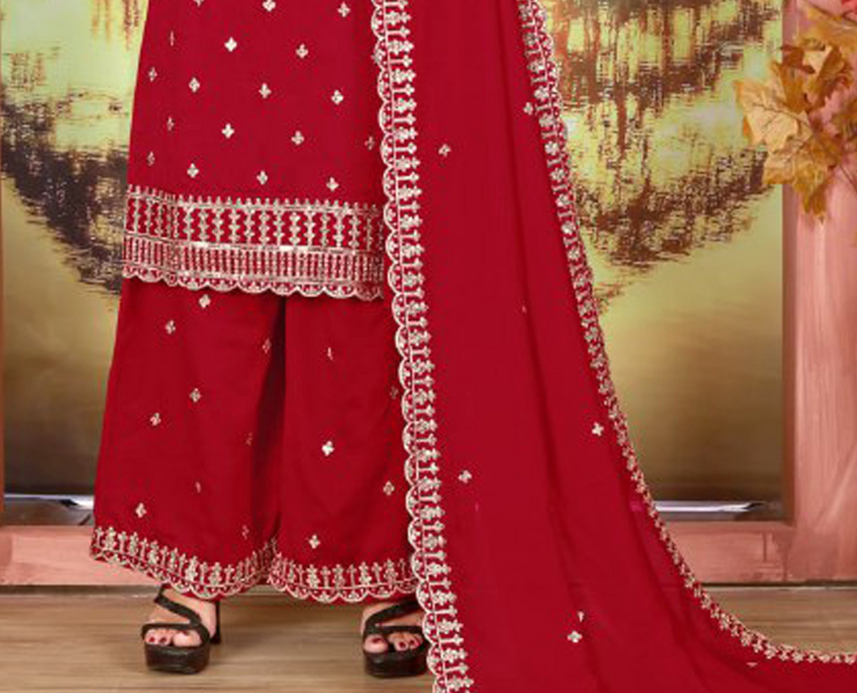Red salwar kameez palazzo set side view with matching dupatta
