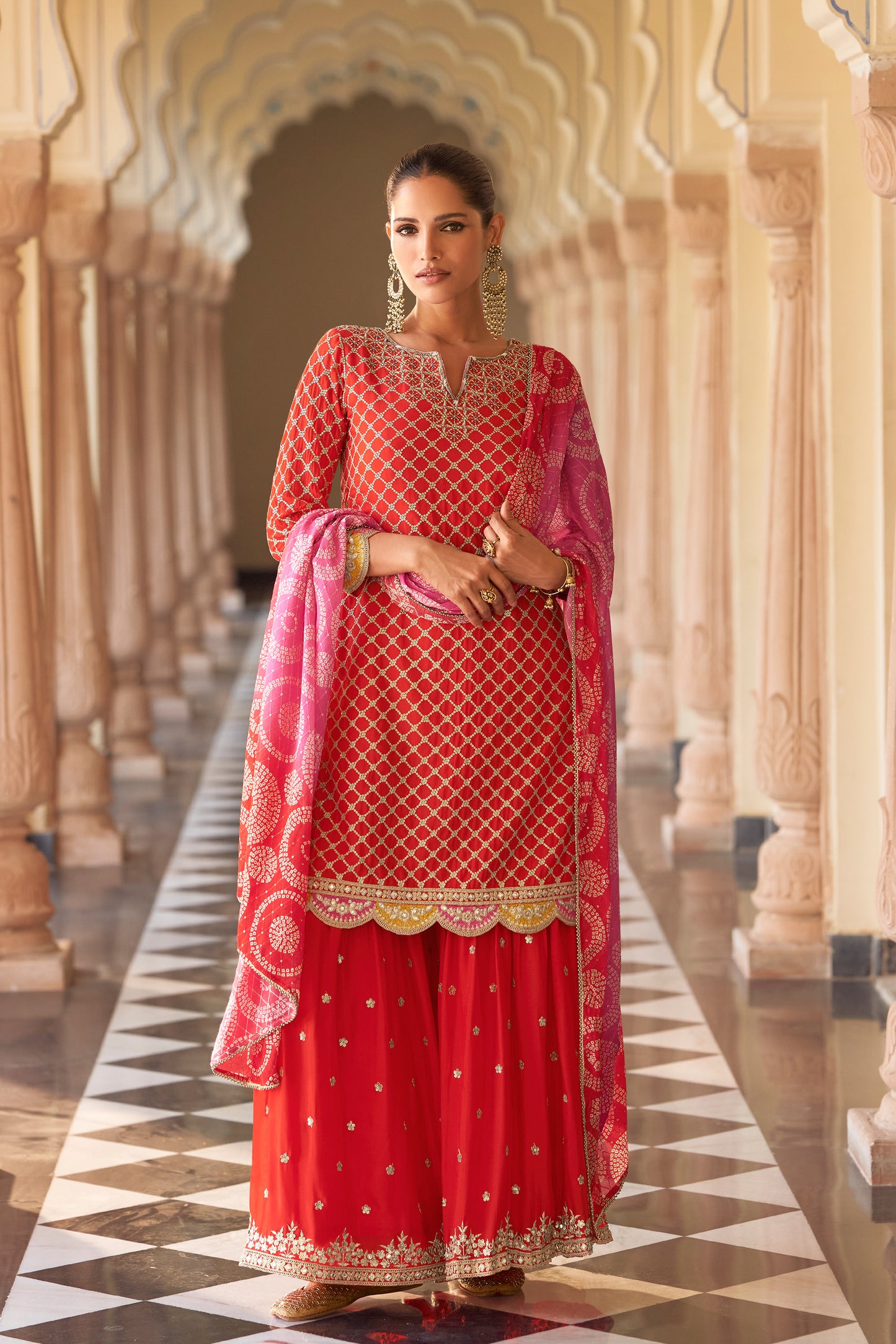 Red salwar kameez women Pakistan front view with sharara